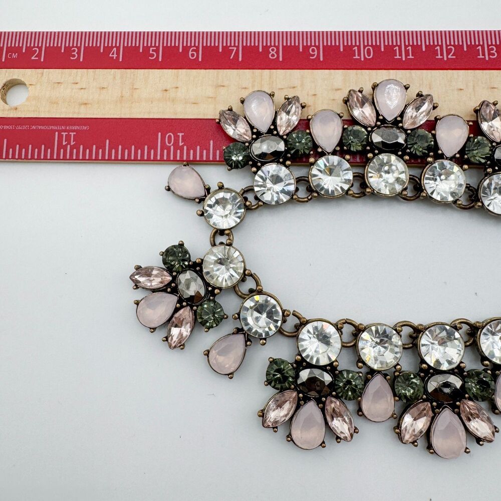 Vintage Statement Rhinestone Necklace Pink Grey Clear Crystal Floral Bib Chunky - Picture 10 of 10